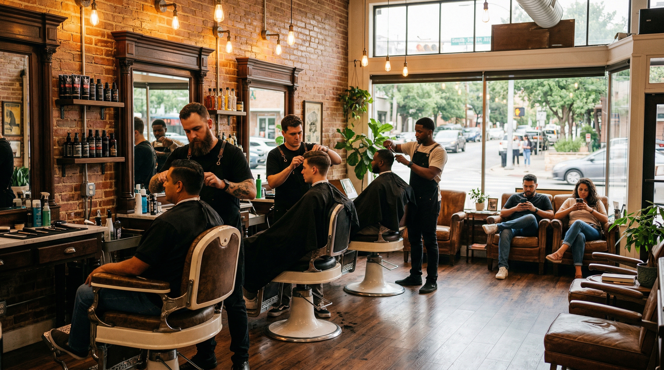 Busy Austin barbershop at peak hours